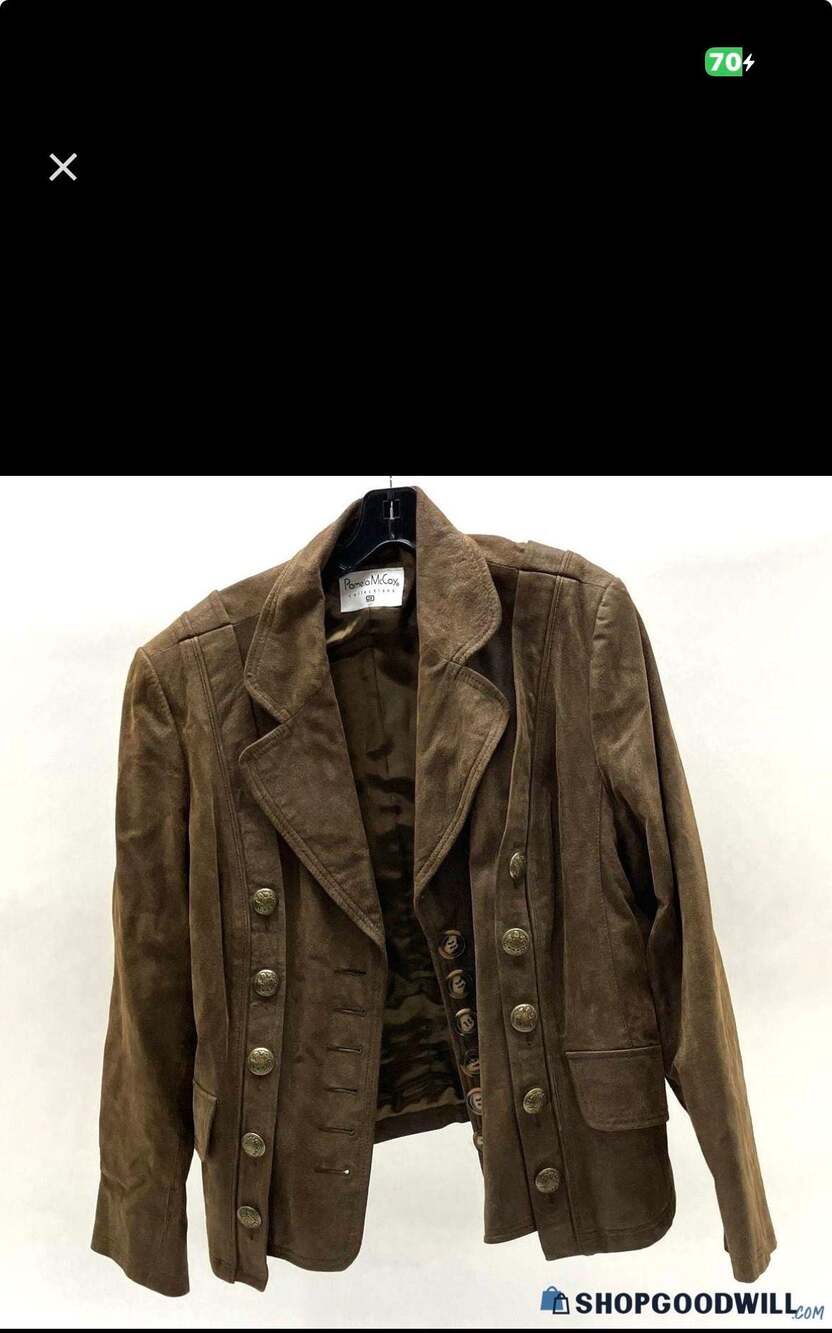 Pamela McCoy Collections Brown Genuine Leather Suede Military Style Jacket Size